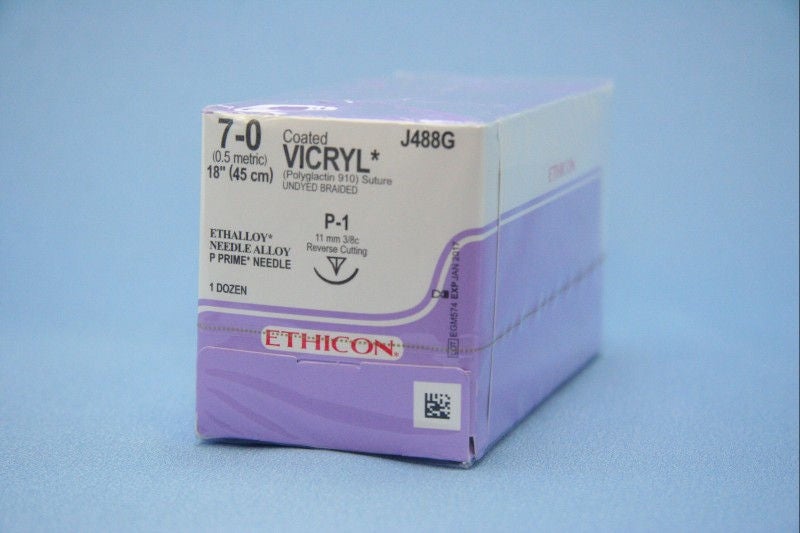Absorbable Suture with Needle Coated Vicryl Polyglactin 910 P-1 3/8 Circle Precision Reverse Cutting Needle Size 7-0 Braided (Box of 12)