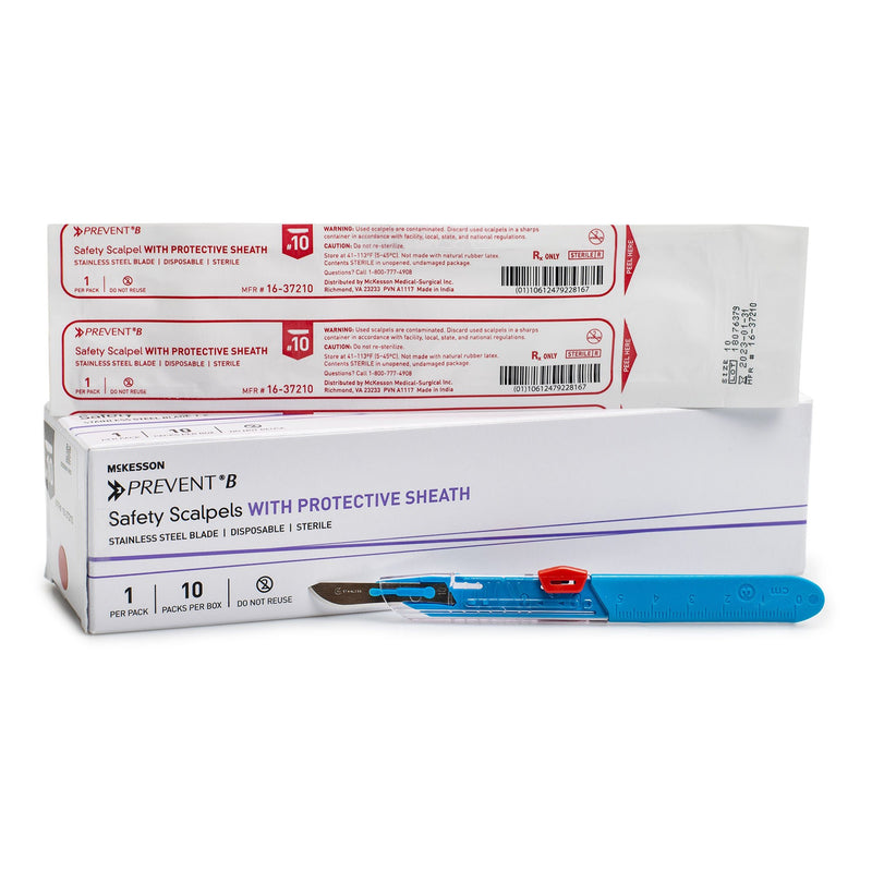 Safety Scalpel McKesson Prevent B No. 10 Stainless Steel / Plastic Classic Grip Handle Sterile Disposable (Case of 500)