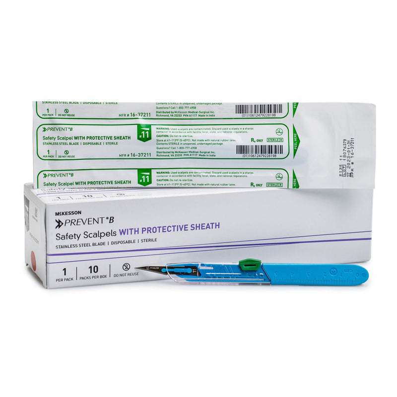 Safety Scalpel McKesson Prevent B No. 11 Stainless Steel / Plastic Classic Grip Handle Sterile Disposable (Case of 500)