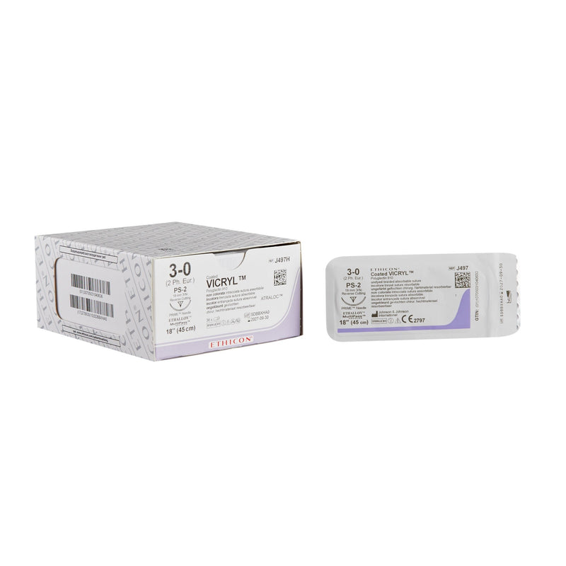 Absorbable Suture with Needle Coated Vicryl Polyglactin 910 PS-2 3/8 Circle Precision Reverse Cutting Needle Size 3-0 Braided 