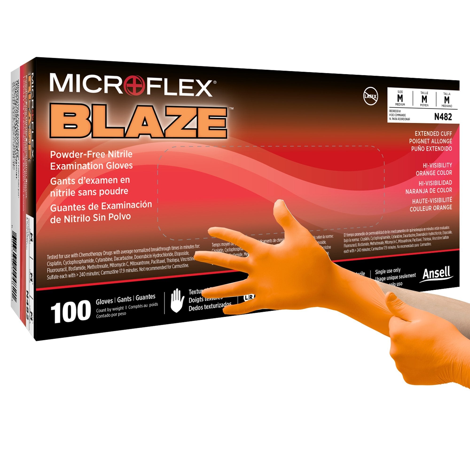 Exam Glove MICROFLEX Blaze Medium 100 per Box NonSterile Nitrile Standard Cuff Length Textured Fingertips Orange Not Rated 