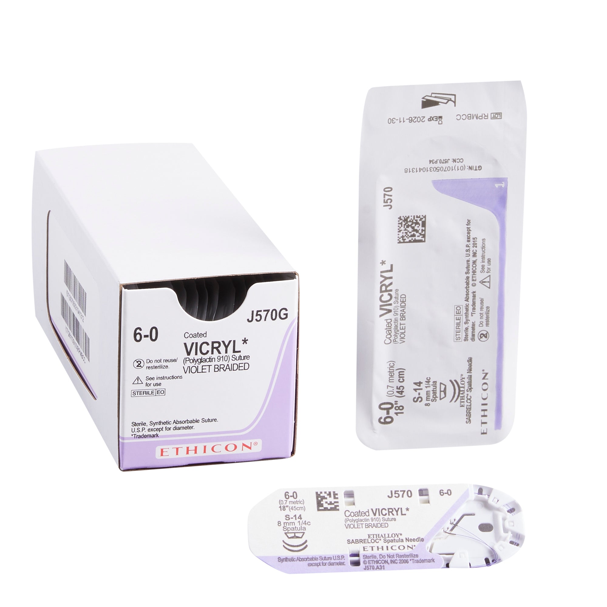 Absorbable Suture with Needle Coated Vicryl Polyglactin 910 S-14 1/4 Circle Spatula Needle Size 6-0 Braided 