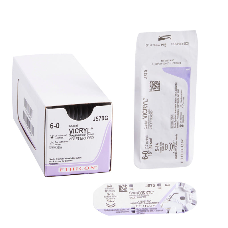 Absorbable Suture with Needle Coated Vicryl Polyglactin 910 S-14 1/4 Circle Spatula Needle Size 6-0 Braided
