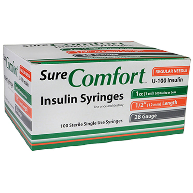 Standard Insulin Syringe with Needle Surecomfort 1 mL 1/2 Inch 28 Gauge NonSafety Regular Wall (Carton of 100)