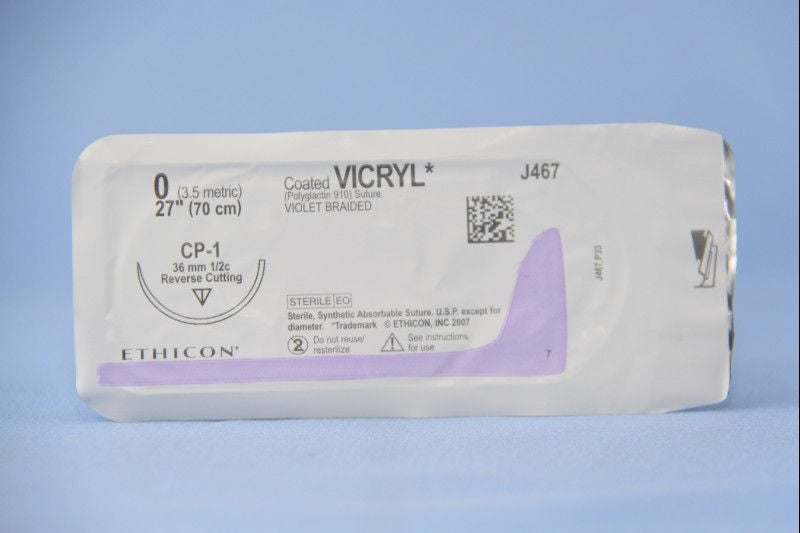 Absorbable Suture with Needle Coated Vicryl Polyglactin 910 CP-1 1/2 Circle Reverse Cutting Needle Size 0 Braided (Box of 36)