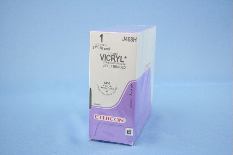 Absorbable Suture with Needle Coated Vicryl Polyglactin 910 CP-1 1/2 Circle Reverse Cutting Needle Size 1 Braided (Box of 36)