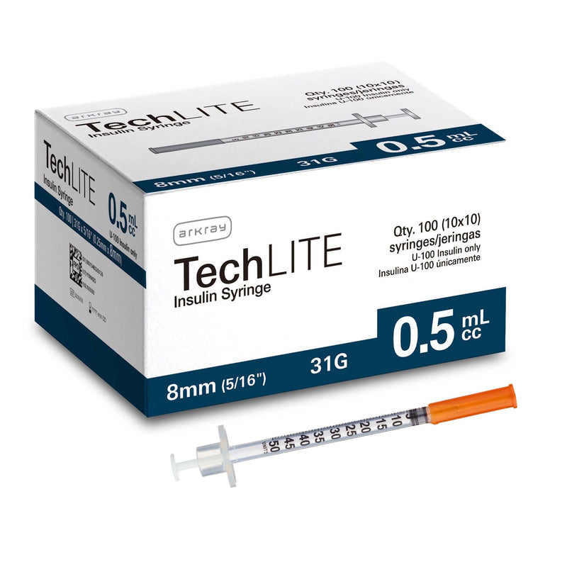 Standard Insulin Syringe with Needle Techlite 0.5 mL 5/16 Inch 31 Gauge NonSafety Thin Wall (Carton of 100)