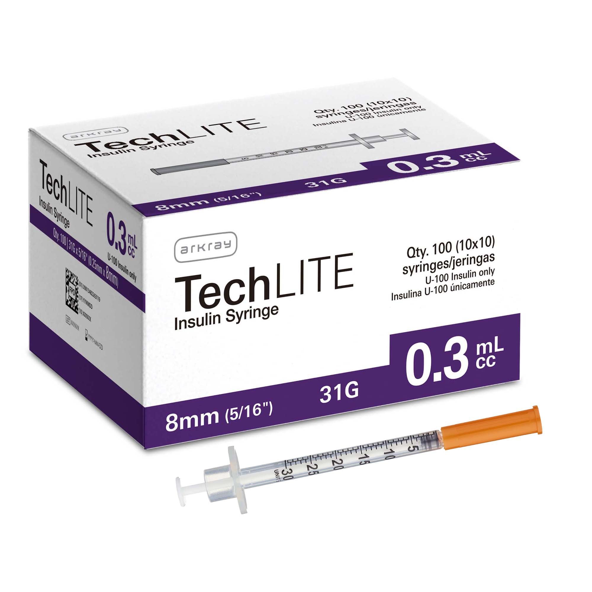 Standard Insulin Syringe with Needle Techlite 0.3 mL 15/64 Inch 31 Gauge NonSafety Thin Wall 