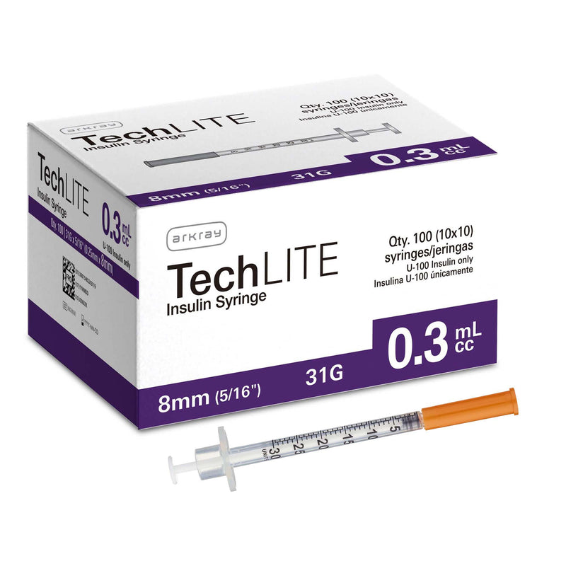 Standard Insulin Syringe with Needle Techlite 0.3 mL 15/64 Inch 31 Gauge NonSafety Thin Wall