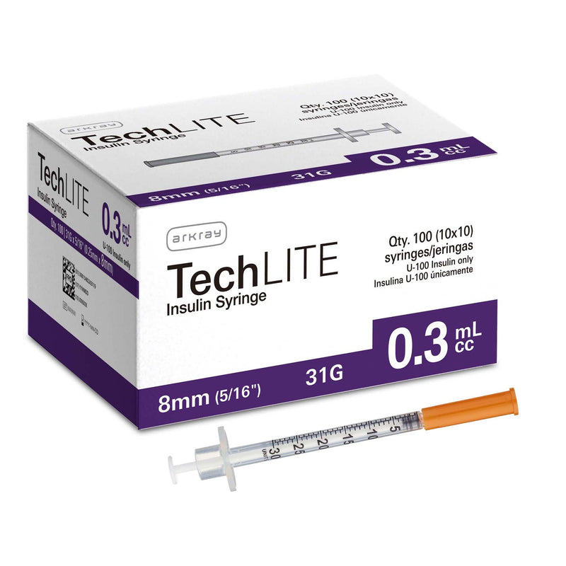 Standard Insulin Syringe with Needle Techlite 0.3 mL 15/64 Inch 31 Gauge NonSafety Thin Wall (Carton of 100)