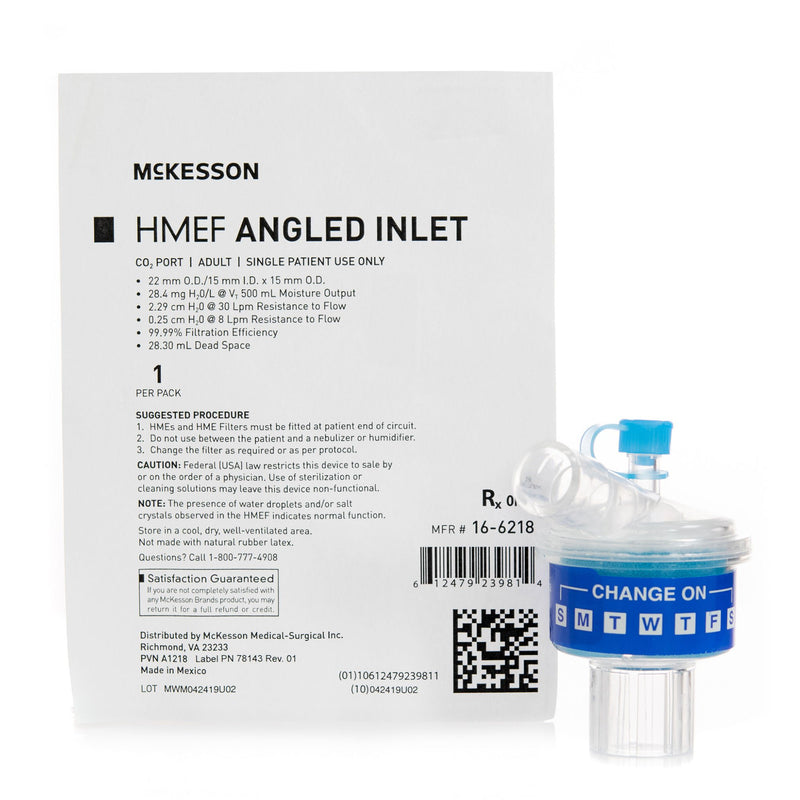 Heat and Moisture Exchanger with Filter McKesson 28.4 mg H2O / L 30 LPM Angled (Case of 50 Packs)