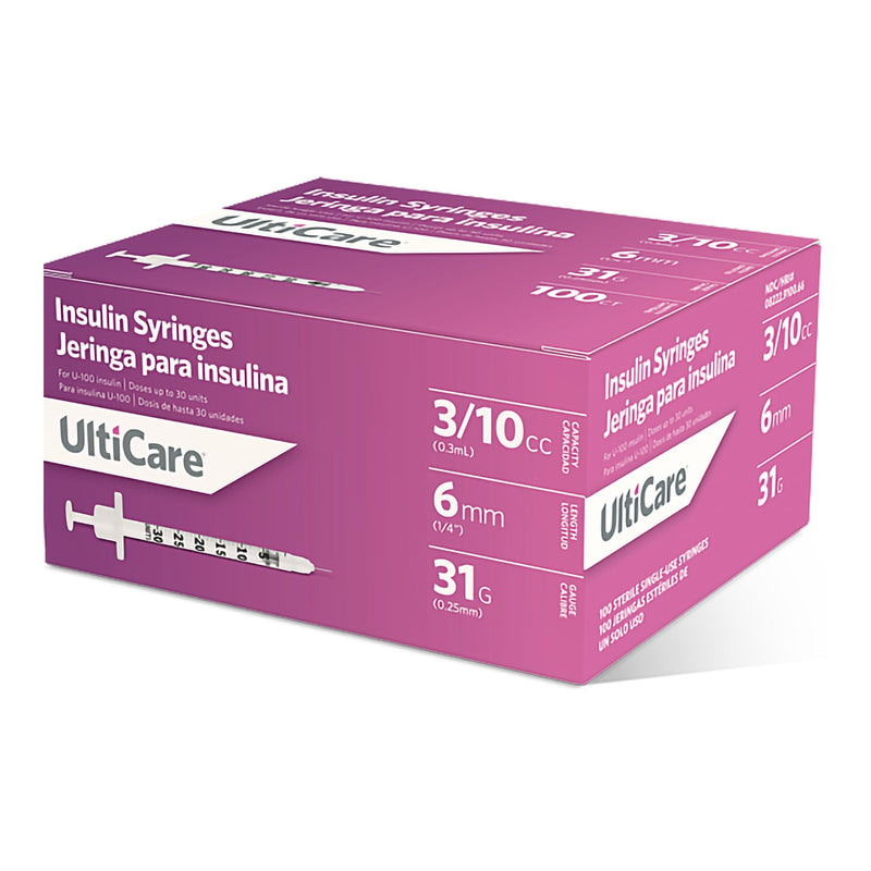 Standard Insulin Syringe with Needle UltiCare 0.3 mL 1/4 Inch 31 Gauge NonSafety Thin Wall 