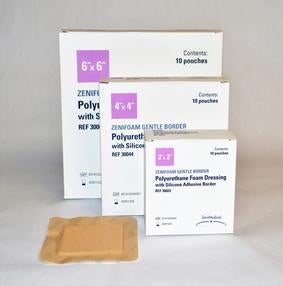 Foam Dressing Zenifoam Gentle Border 4 X 4 Inch With Border Waterproof Backing Silicone Face and Border Square Sterile (Box of 10)