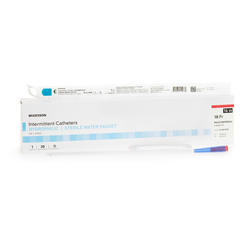 Urethral Catheter McKesson Straight Tip Hydrophilic Coated PVC 18 Fr. 16 Inch Length 