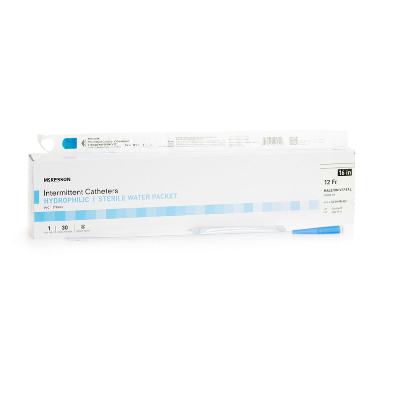 Urethral Catheter McKesson Coude Tip Hydrophilic Coated PVC 12 Fr. 16 Inch Length 