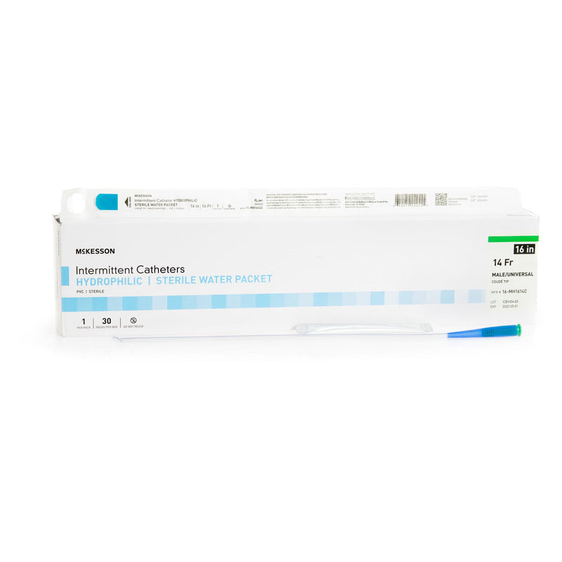 Urethral Catheter McKesson Coude Tip Hydrophilic Coated PVC 14 Fr. 16 Inch Length 
