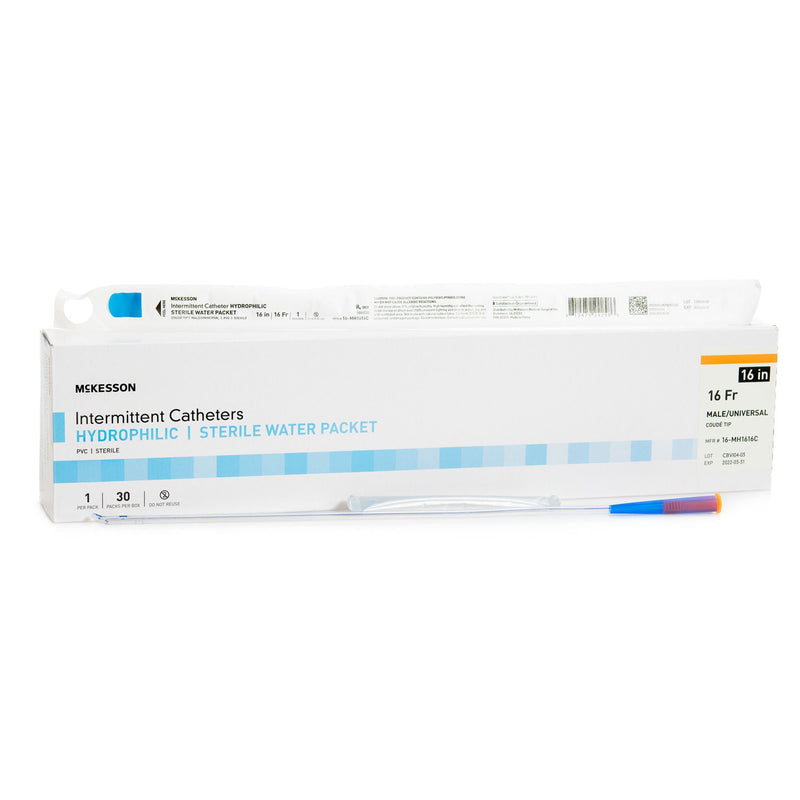 Urethral Catheter McKesson Coude Tip Hydrophilic Coated PVC 16 Fr. 16 Inch Length (Case)