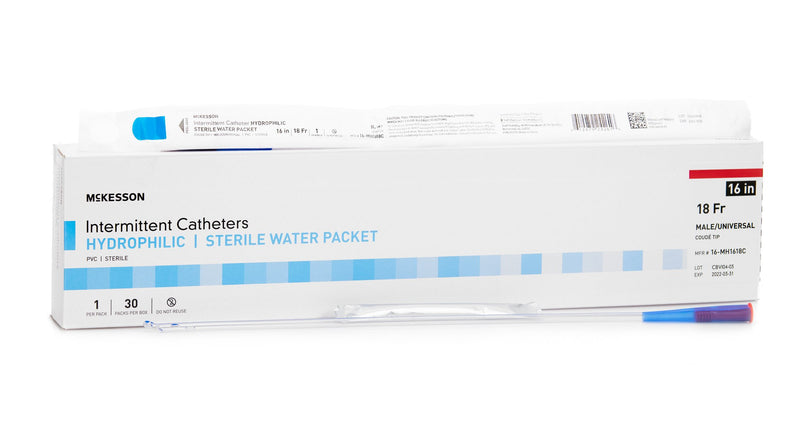 Urethral Catheter McKesson Coude Tip Hydrophilic Coated PVC 18 Fr. 16 Inch Length