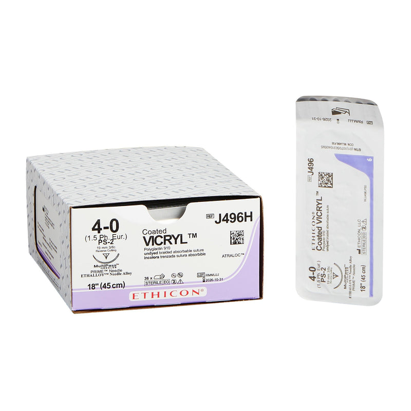 Absorbable Suture with Needle Coated Vicryl Polyglactin 910 PS-2 3/8 Circle Precision Reverse Cutting Needle Size 4-0 Braided 