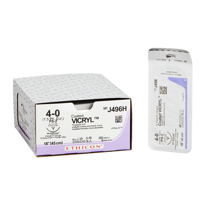 Absorbable Suture with Needle Coated Vicryl Polyglactin 910 PS-2 3/8 Circle Precision Reverse Cutting Needle Size 4-0 Braided (Box of 36)