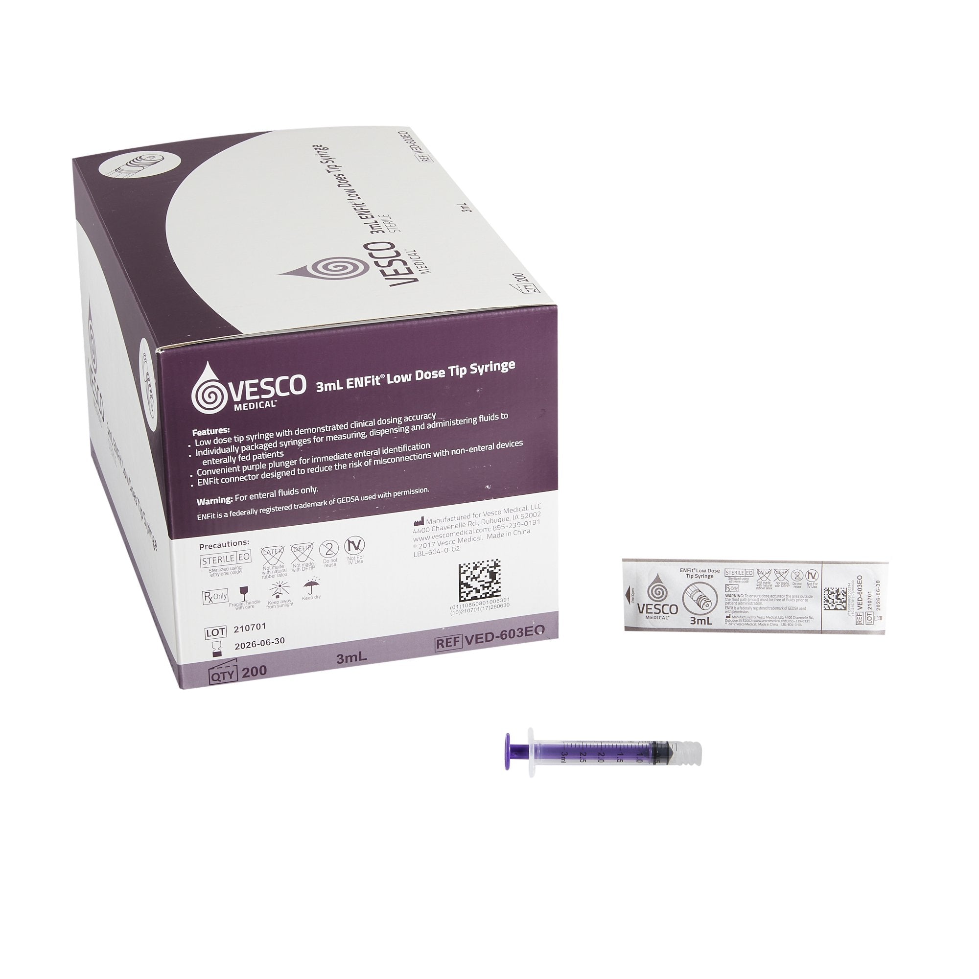 Enteral / Oral Syringe Vesco 3 mL Enfit Tip Without Safety 