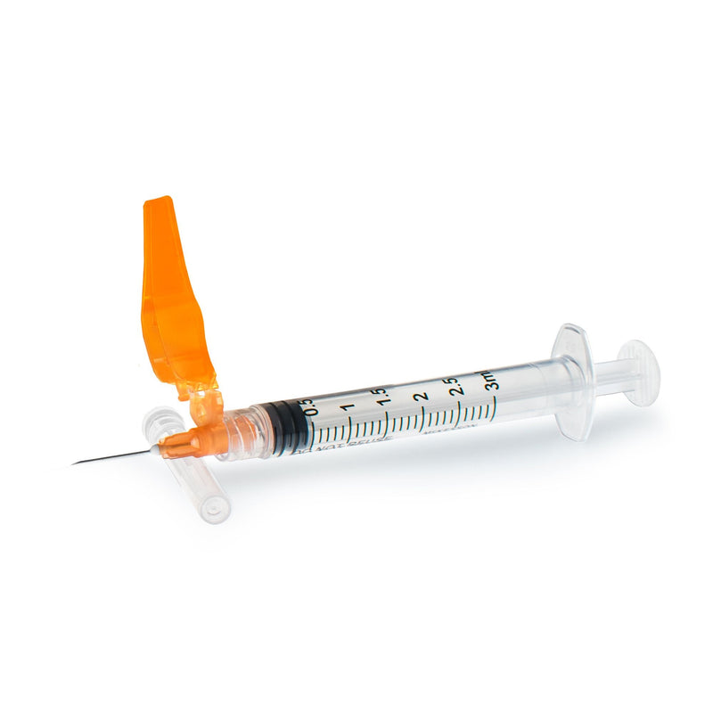 Safety Hypodermic Syringe with Needle McKesson Prevent HT 3 mL 5/8 Inch 25 Gauge Hinged Safety Needle Thin Wall 