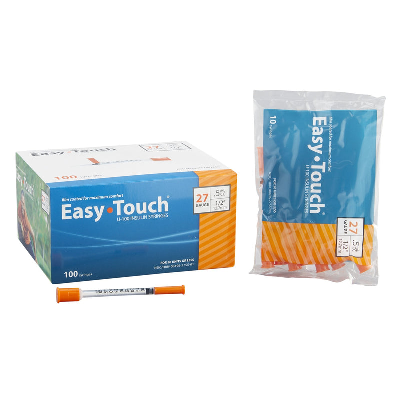 Standard Insulin Syringe with Needle EasyTouch 0.5 mL 1/2 Inch 27 Gauge NonSafety Thin Wall 