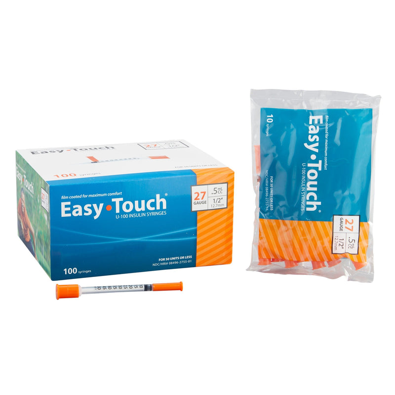 Standard Insulin Syringe with Needle EasyTouch 0.5 mL 1/2 Inch 27 Gauge NonSafety Thin Wall 