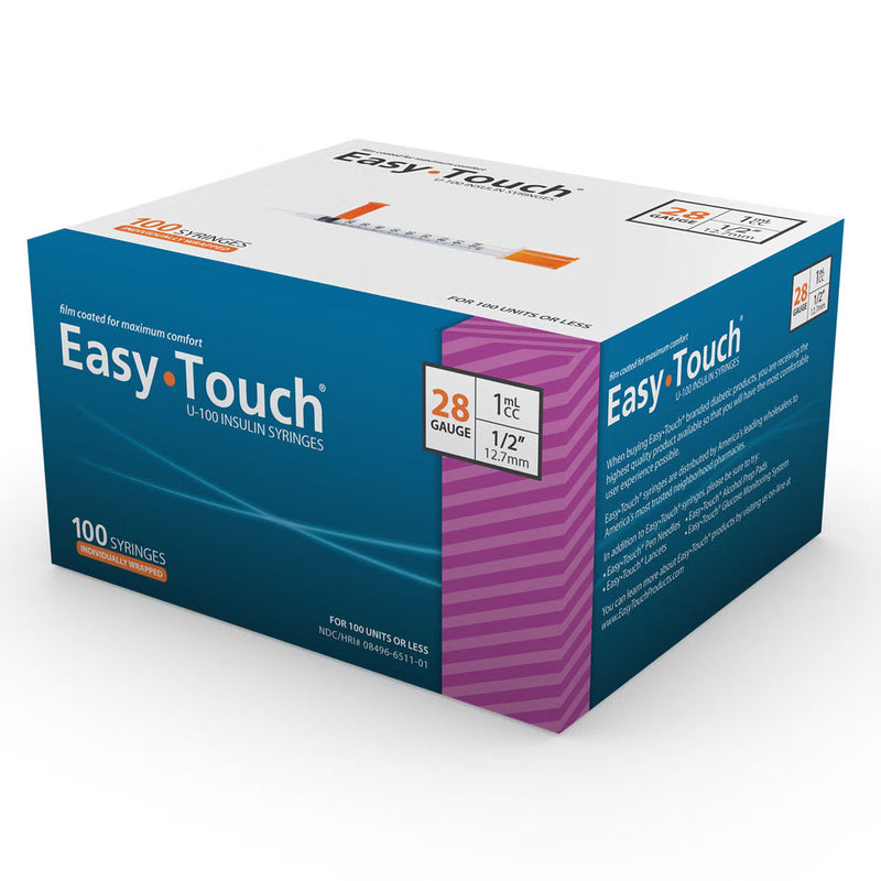 Standard Insulin Syringe with Needle EasyTouch 1 mL 1/2 Inch 28 Gauge NonSafety Thin Wall 