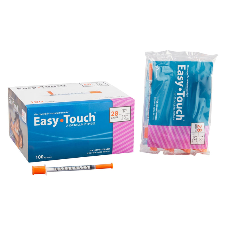 Standard Insulin Syringe with Needle EasyTouch 1 mL 1/2 Inch 28 Gauge NonSafety Thin Wall 