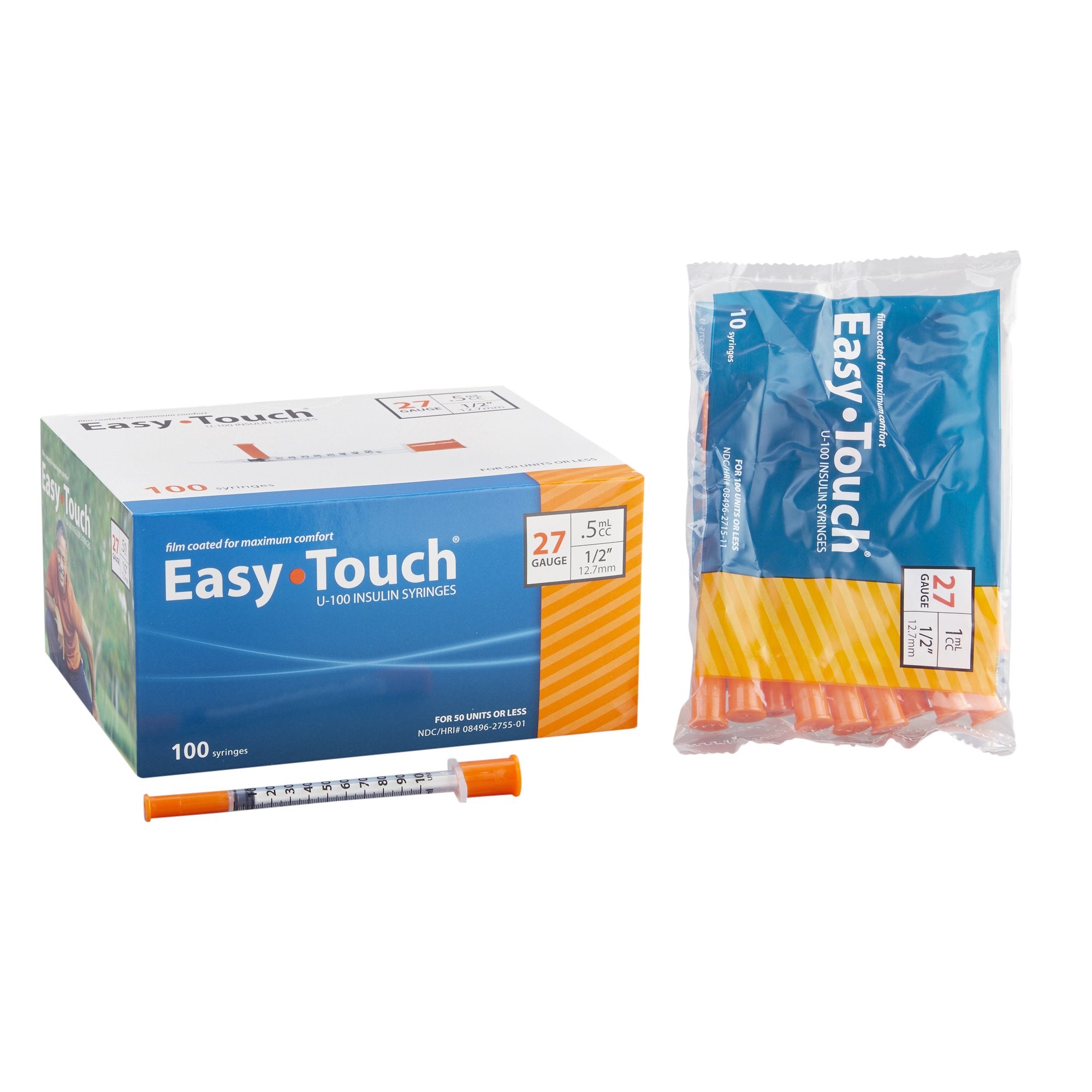 Standard Insulin Syringe with Needle EasyTouch 1 mL 1/2 Inch 27 Gauge NonSafety Thin Wall 