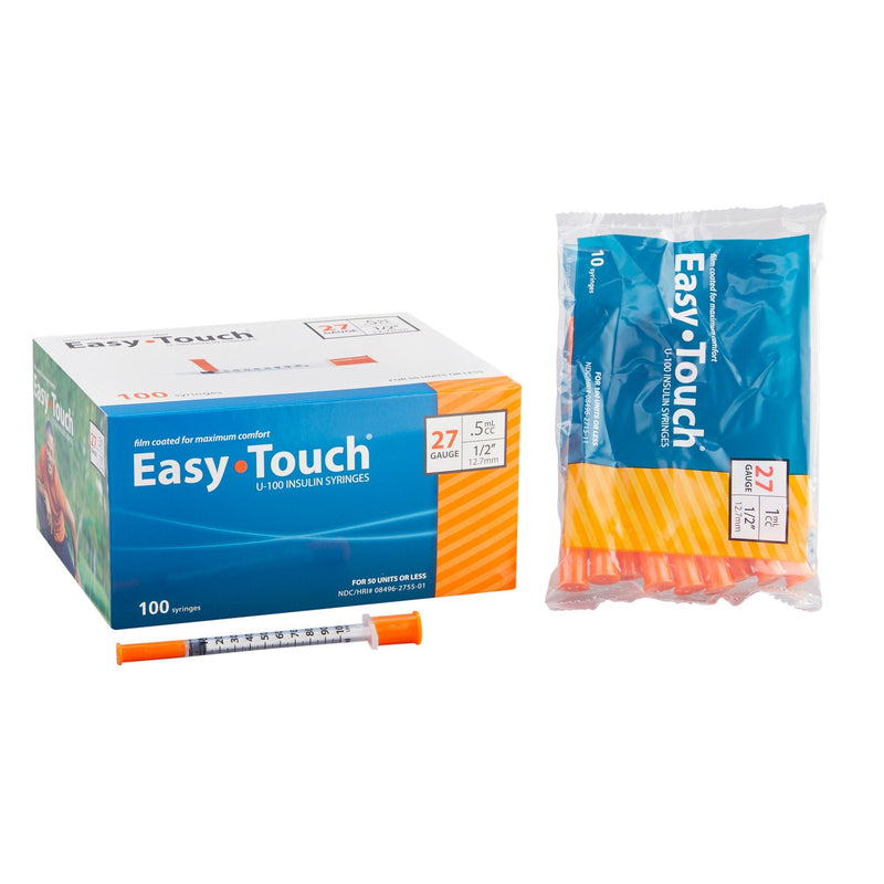 Standard Insulin Syringe with Needle EasyTouch 1 mL 1/2 Inch 27 Gauge NonSafety Thin Wall 