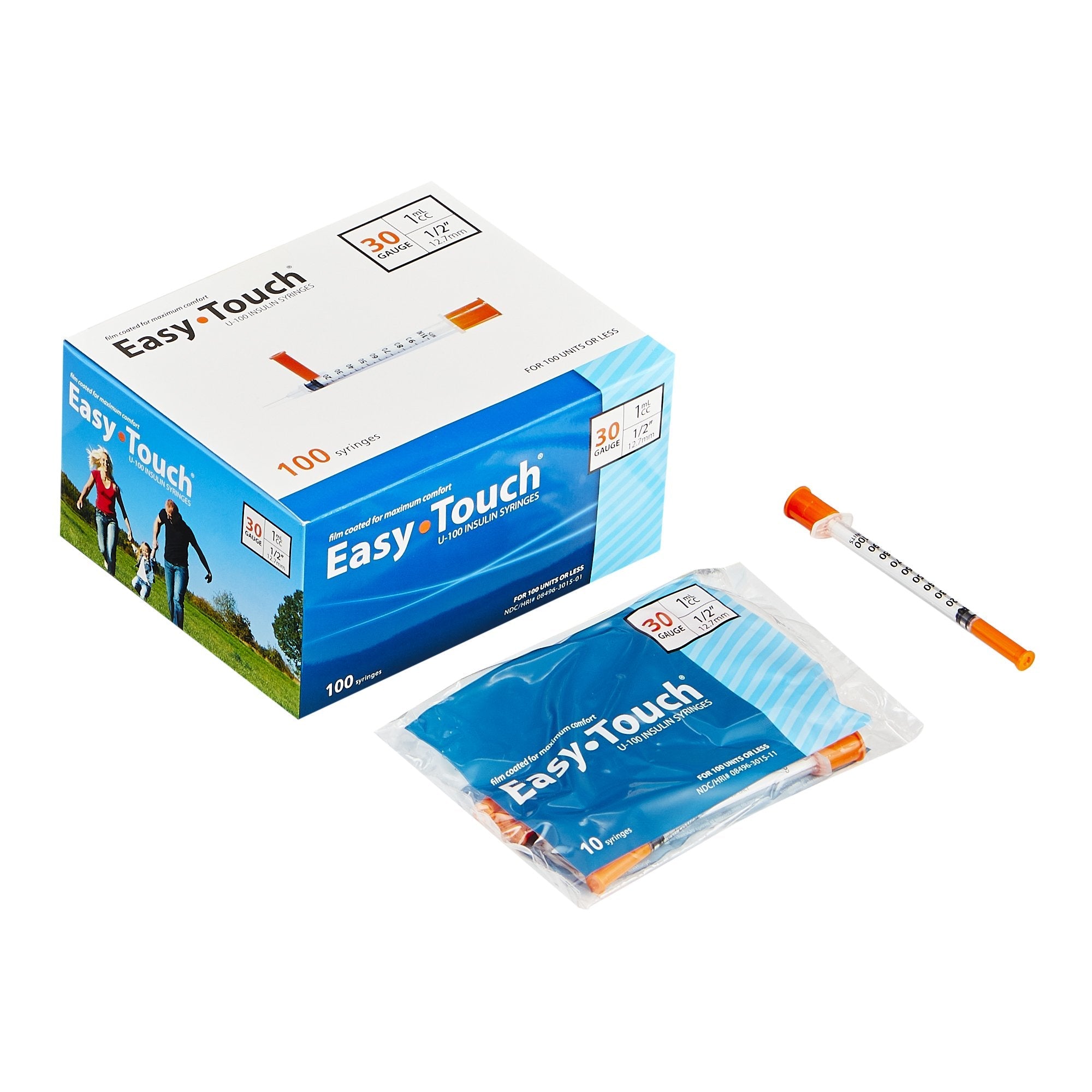 Standard Insulin Syringe with Needle EasyTouch 1 mL 1/2 Inch 30 Gauge NonSafety Thin Wall 