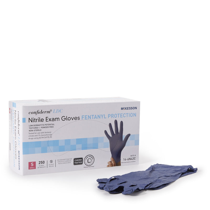 Exam Glove McKesson Confiderm LDC Small 250 per Box NonSterile Nitrile Standard Cuff Length Fully Textured Blue Chemo Tested / Fentanyl Tested 