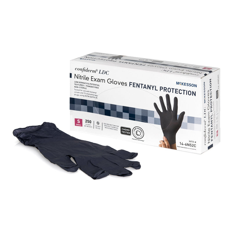 Exam Glove McKesson Confiderm LDC Small 250 per Box NonSterile Nitrile Standard Cuff Length Fully Textured Black Chemo Tested / Fentanyl Tested 