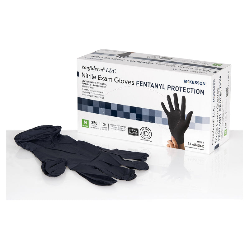 Exam Glove McKesson Confiderm LDC Medium 250 per Box NonSterile Nitrile Standard Cuff Length Fully Textured Black Chemo Tested / Fentanyl Tested 