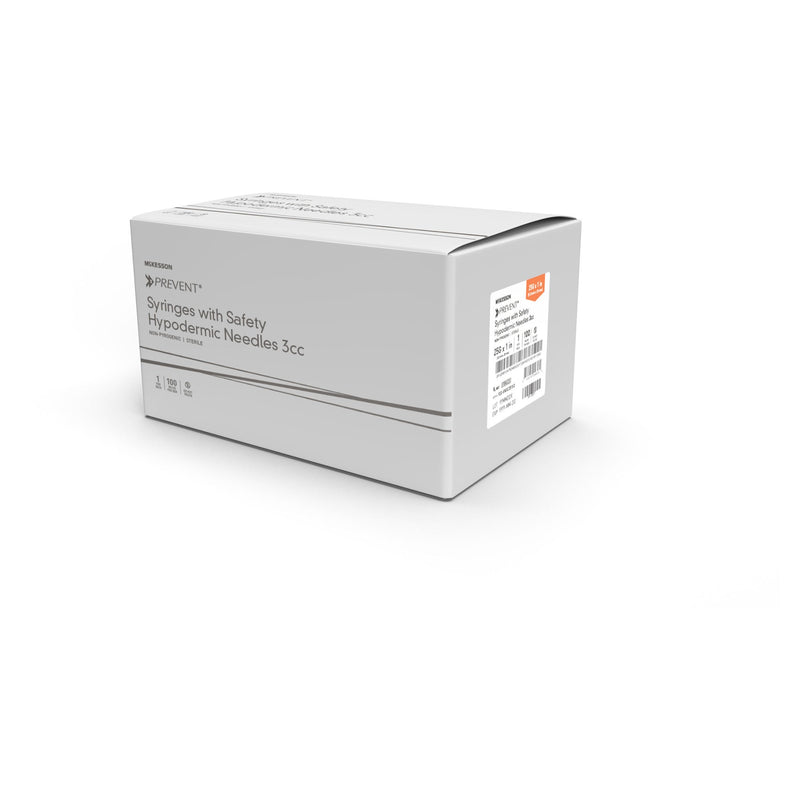 Safety Hypodermic Syringe with Needle McKesson Prevent 3 mL 1 Inch 22 Gauge Hinged Safety Needle Ultra Thin Wall (Case of 400)