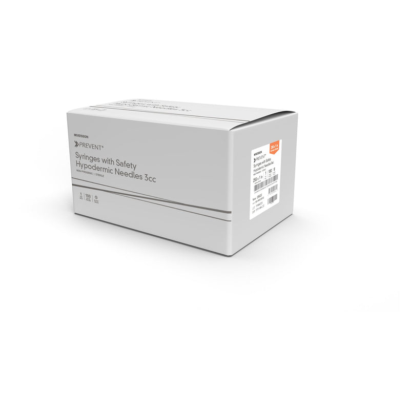 Safety Hypodermic Syringe with Needle McKesson Prevent 3 mL 1 Inch 25 Gauge Hinged Safety Needle Ultra Thin Wall 