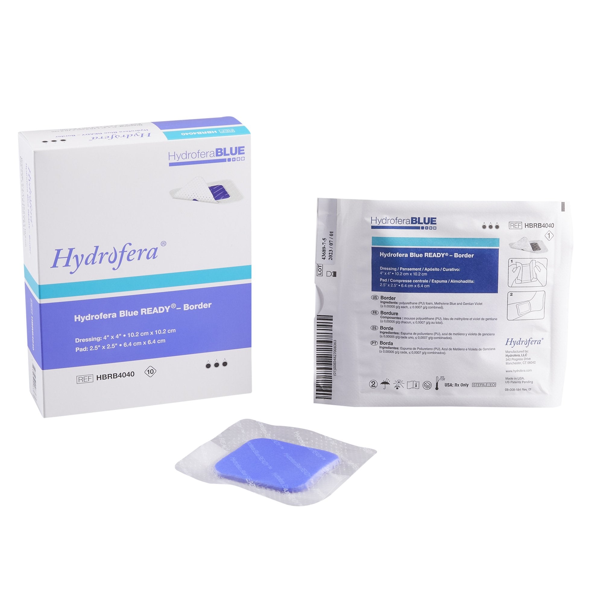 Antibacterial Foam Dressing Hydrofera BLUE READY-Border 4 X 4 Inch With Border Waterproof Film Backing Silicone Adhesive Square Sterile 