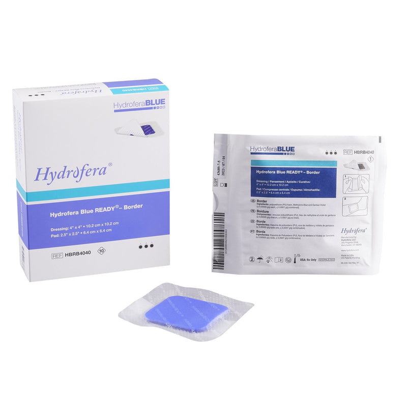 Antibacterial Foam Dressing Hydrofera BLUE READY-Border 4 X 4 Inch With Border Waterproof Film Backing Silicone Adhesive Square Sterile 