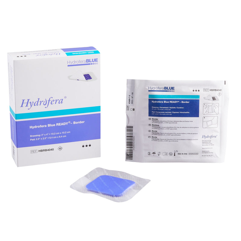 Antibacterial Foam Dressing Hydrofera BLUE READY-Border 4 X 4 Inch With Border Waterproof Film Backing Silicone Adhesive Square Sterile (Box of 10)