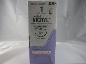 Absorbable Suture with Needle Coated Vicryl Polyglactin 910 CP-1 1/2 Circle Reverse Cutting Needle Size 1 Braided (Box of 36)