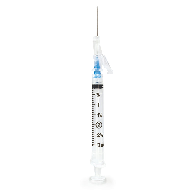 Safety Hypodermic Syringe with Needle McKesson Prevent SG 3 mL 1 Inch 23 Gauge Sliding Safety Needle Thin Wall 