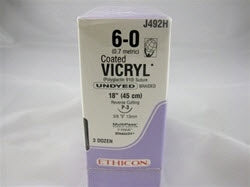 Absorbable Suture with Needle Coated Vicryl Polyglactin 910 P-3 3/8 Circle Precision Reverse Cutting Needle Size 6-0 Braided 