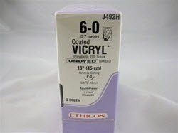 Absorbable Suture with Needle Coated Vicryl Polyglactin 910 P-3 3/8 Circle Precision Reverse Cutting Needle Size 6-0 Braided (Box of 36)