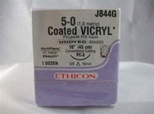 Absorbable Suture with Needle Coated Vicryl Polyglactin 910 PC-3 3/8 Circle Precision Conventional Cutting Needle Size 5-0 Braided (Box of 12)