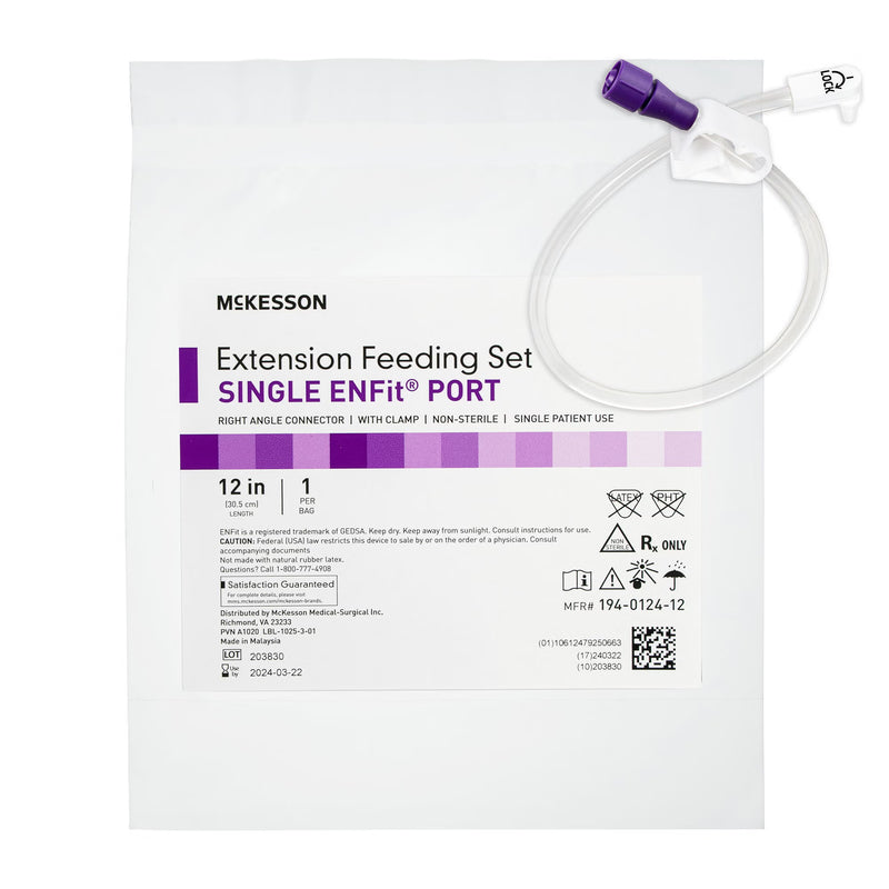 Bolus Enteral Feeding Extension Tube Set McKesson 12 Inch, EnFit, Secure Lock Right Angle Connector and Clamp, NonSterile For Use with Low-Profile Gastrostomy, Jejunal and Transgastric-Jejunal Feeding Tube (Case of 5)