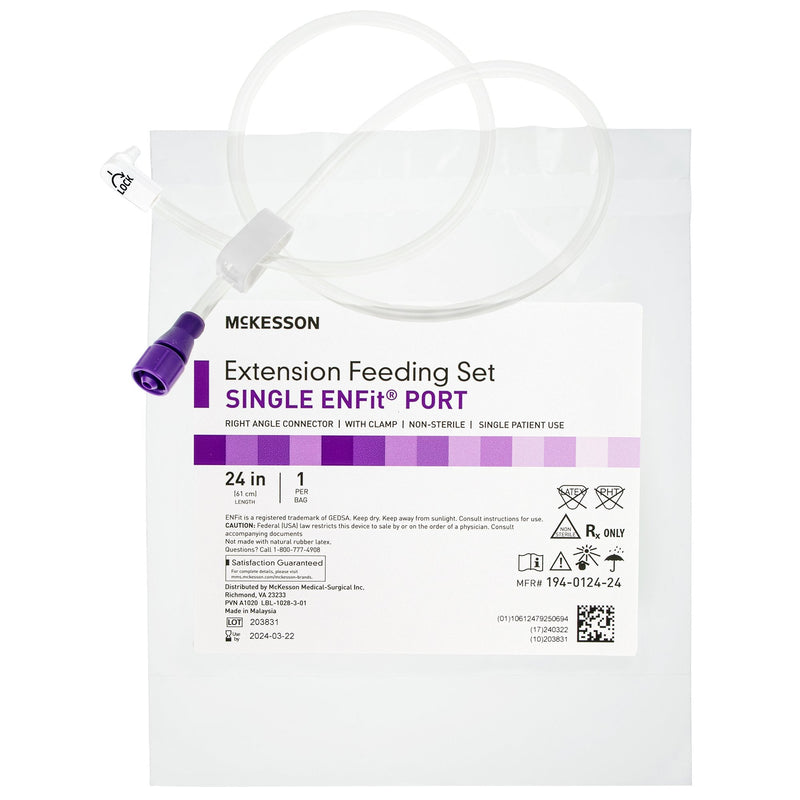 Bolus Enteral Feeding Extension Tube Set McKesson 24 Inch, EnFit, Secure Lock Right Angle Connector and Clamp, NonSterile For Use with Low-Profile Gastrostomy, Jejunal and Transgastric-Jejunal Feeding Tube 