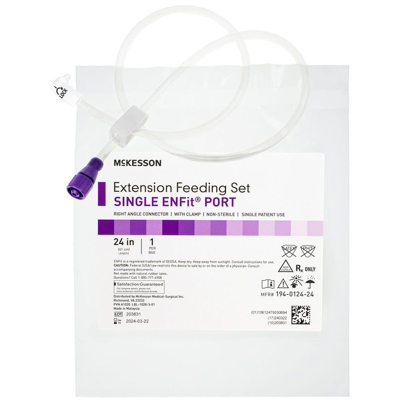 Bolus Enteral Feeding Extension Tube Set McKesson 24 Inch, EnFit, Secure Lock Right Angle Connector and Clamp, NonSterile For Use with Low-Profile Gastrostomy, Jejunal and Transgastric-Jejunal Feeding Tube (Case of 30)
