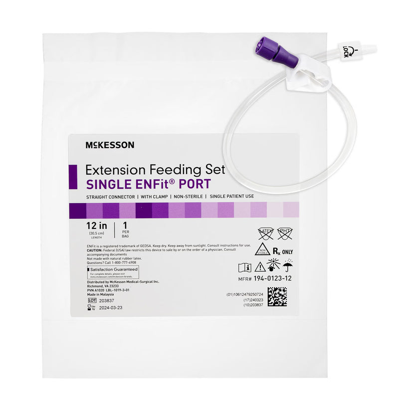Bolus Enteral Feeding Extension Tube Set McKesson 12 Inch, Enfit, Secure Lock Straight Connector and Clamp, NonSterile For Use with Low-Profile Gastrostomy, Jejunal and Transgastric-Jejunal Feeding Tube (Box of 5)
